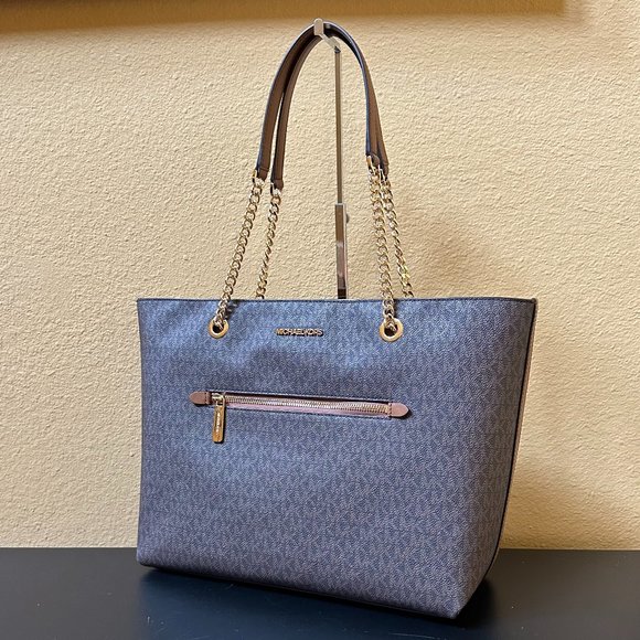 Michael Kors Jet Set Item Large Front Pocket Shoulder Chain Tote Bag MK Brown - Picture 3 of 11